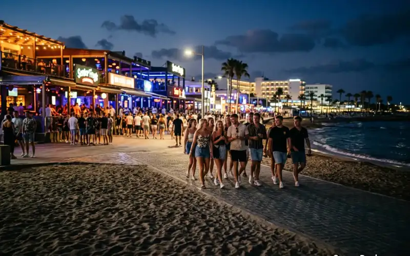 Ayia Napa Resort erstrahlt nachts im Scheinwerferlicht – perfektes Urlaubsziel für Partygänger und Familien