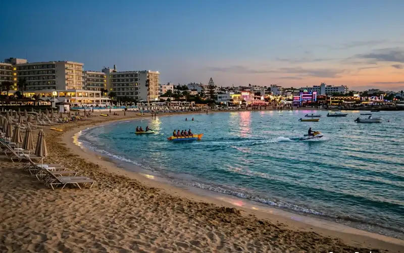 Ayia Napa erstrahlt nachts mit Wassersport und pulsierendem Nachtleben am Strand