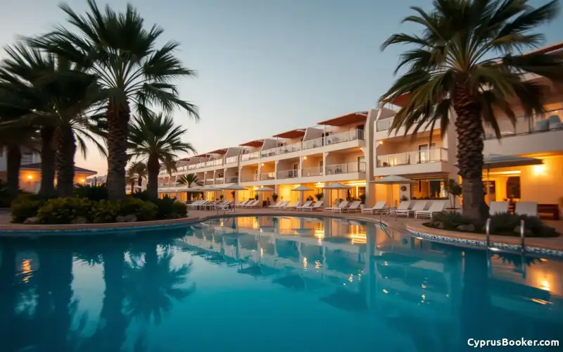 Ayia Napa erstrahlt nachts in luxuriösem Glanz mit Villen und Apartments am Strand