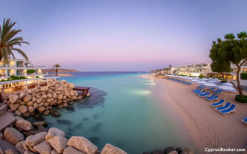 Traumhafte Aufnahmen von Konnos Beach und der Blaue Lagune in Ayia Napa, ideal für Strandurlaub, Nachtleben & Familien