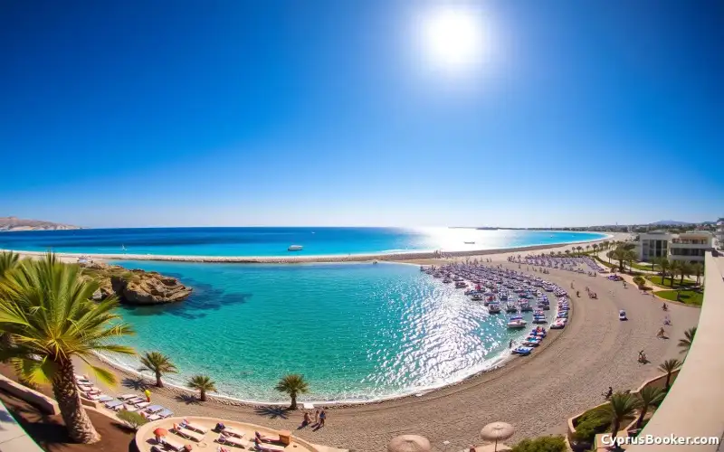 Ayia Napa zeigt lebhafte Strandatmosphäre und Nachtleben mit Blick auf Olympic Lagoon und Adams Beach