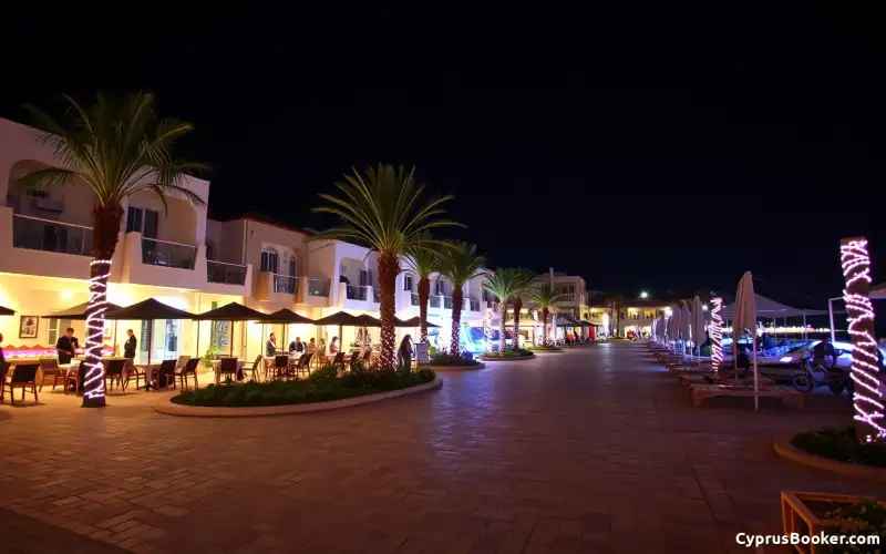 Ayia Napa's lebhafte Strandpromenade bei Nacht bietet Unterhaltung und Einblicke in die Immobiliensteuern Zyperns