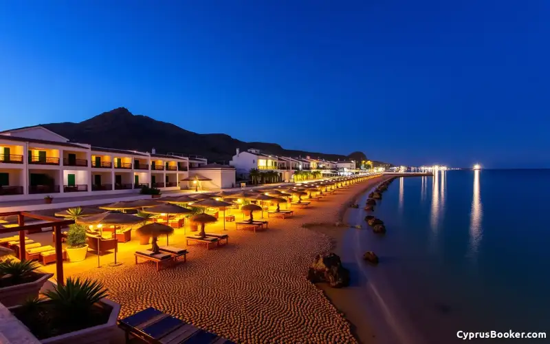 Lebhafte Nachtszene am Strand von Ayia Napa, Zypern, mit Familien und Nachtleben im Cape Greco Resort