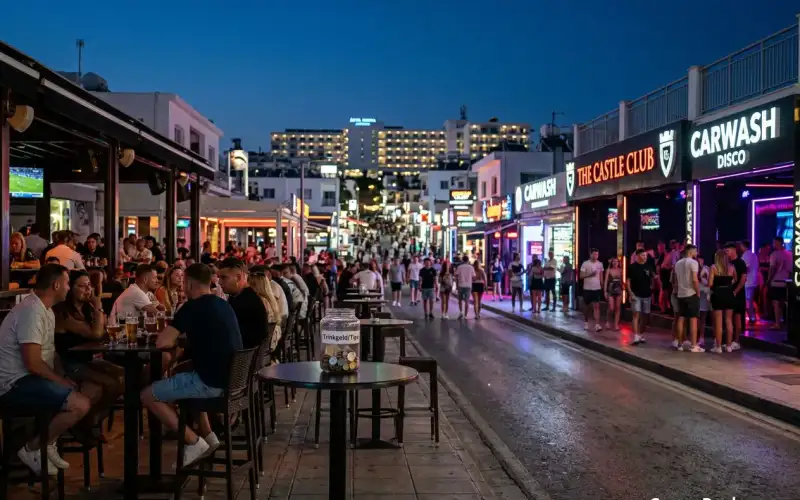 Ayia Napa Resort erstrahlt nachts im pulsierenden Schein, ideal für Nachtschwärmer und Strandliebhaber