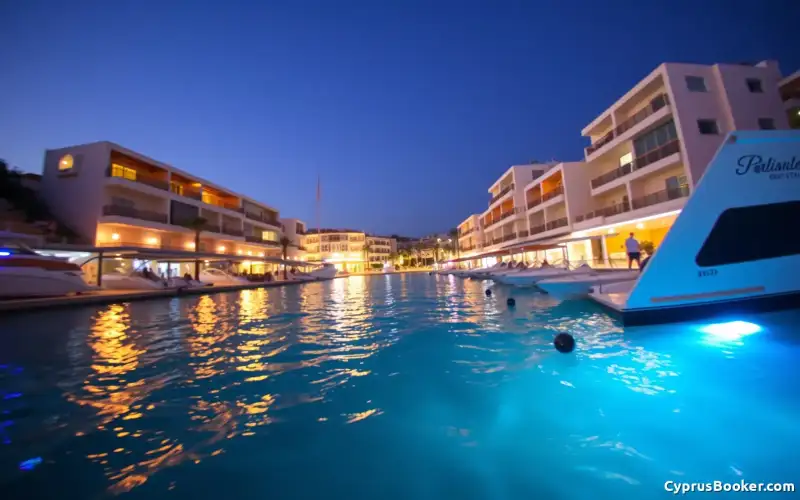 Ayia Napa's lebhafte Strandpromenade bei Nacht: pulsierendes Nachtleben und Unterhaltung im Resort